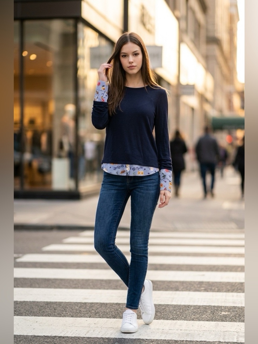 Bailey/44 Navy Crewneck Mixed Media poplin print hem and cuffs Top